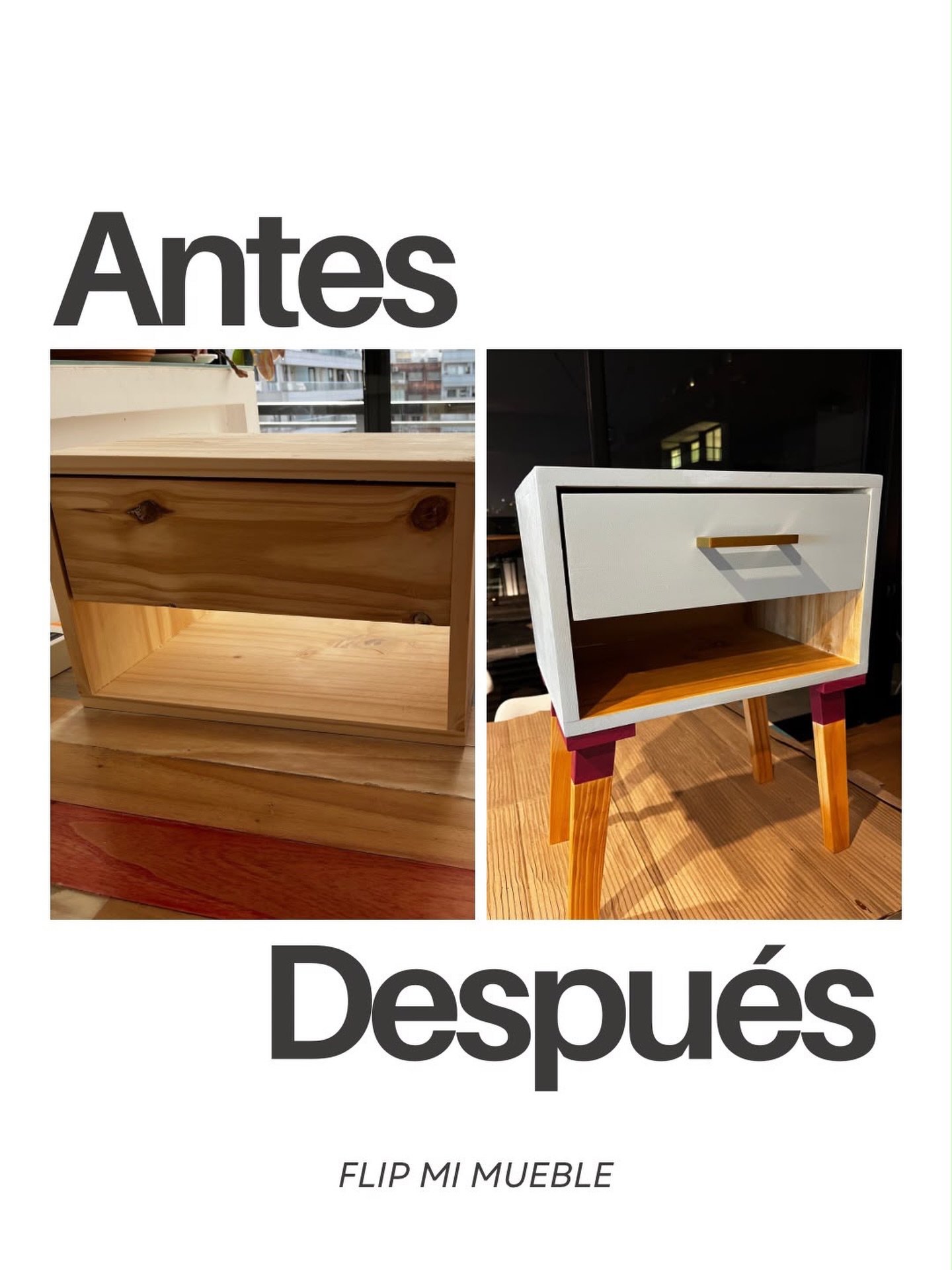 Mesita de pino antes y después de la restauración, pintada de blanco con manija dorada y patas con puntas en borravino
